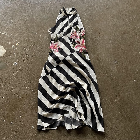 Karen Millen Dress Womens US 6 Black White Stripe Floral Embroidered Halter Midi